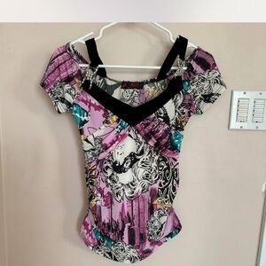 New crop top Pink and Black Graphic Fitted Bodysuit with Cap Sleeves